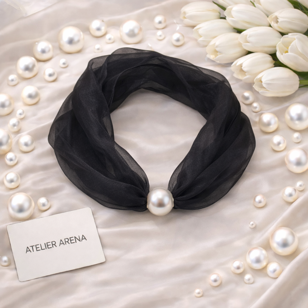 Zwarte Organza Sjaal met Parel
