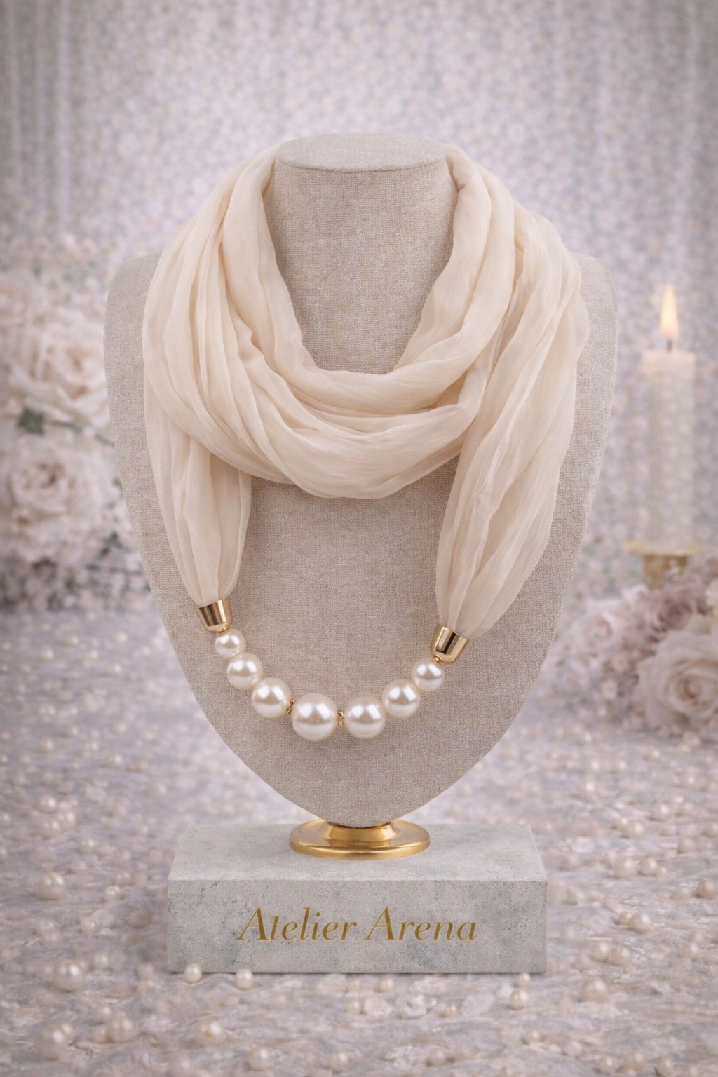 Beige Sjaalketting met Parels
