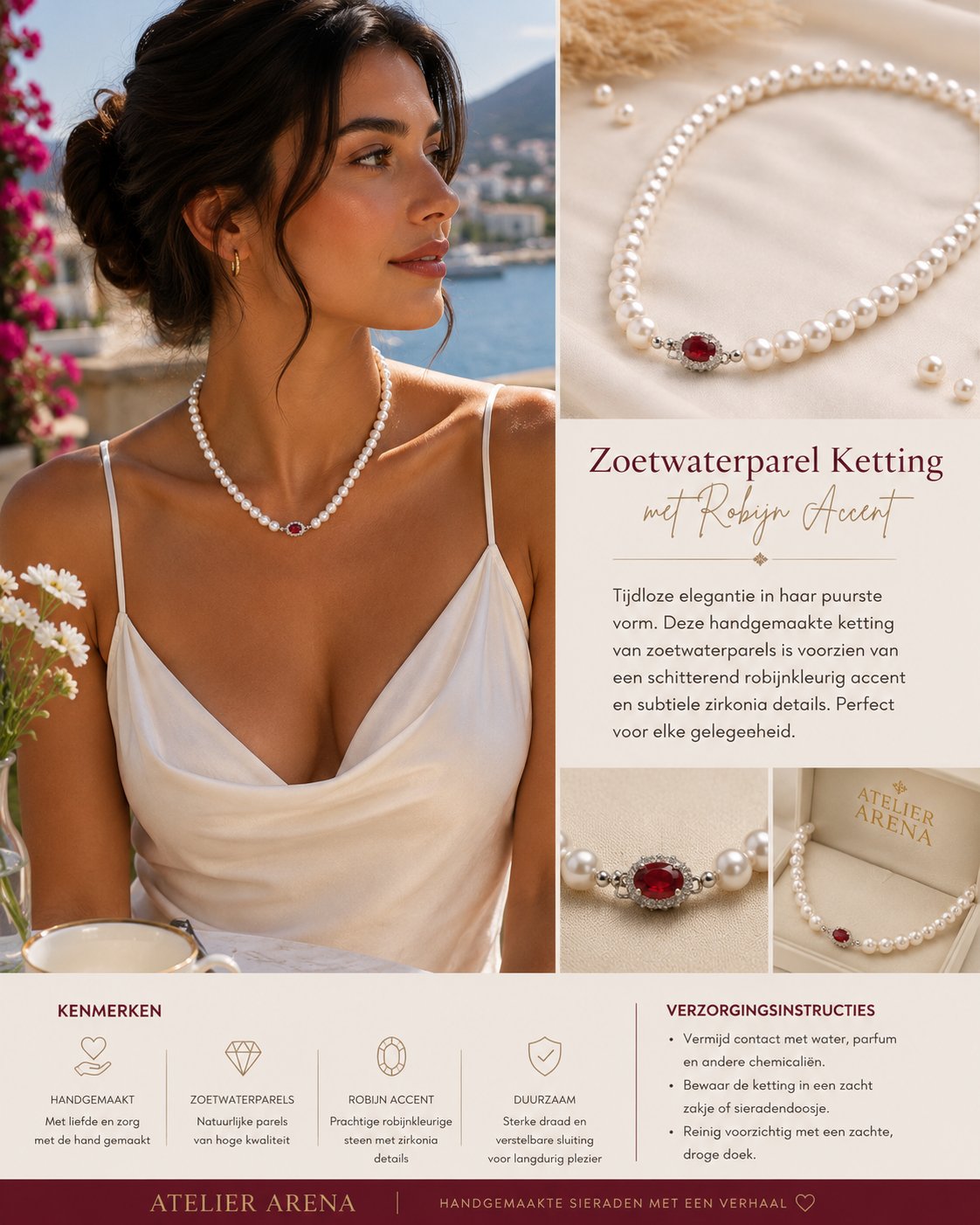 Zoetwaterparel Ketting met Rode Edelsteen