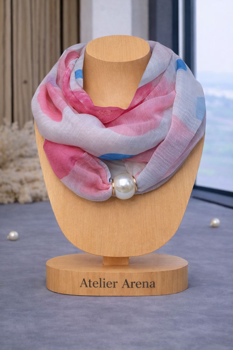 Zijden Sjaal met Parel - Roze Blauw Aquarel