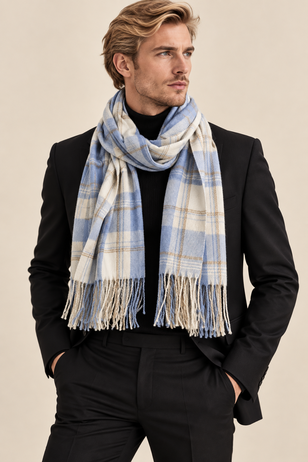 Leichter karierter Unisex-Schal – Hellblau & Creme