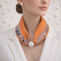 Orange Scarf with Floral Print and Pearl