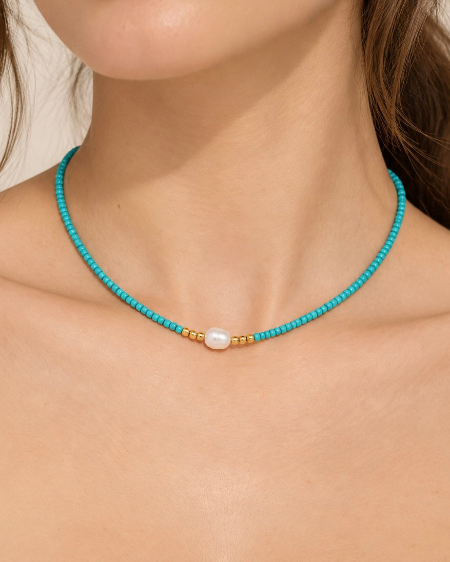 Aquamarijn Ketting met Zoetwaterparel - Verstelbare Choker