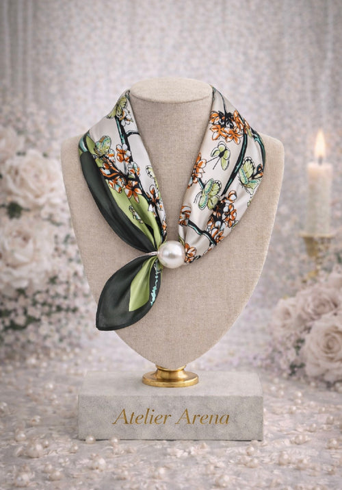 Foulard verde con stampa floreale e perla