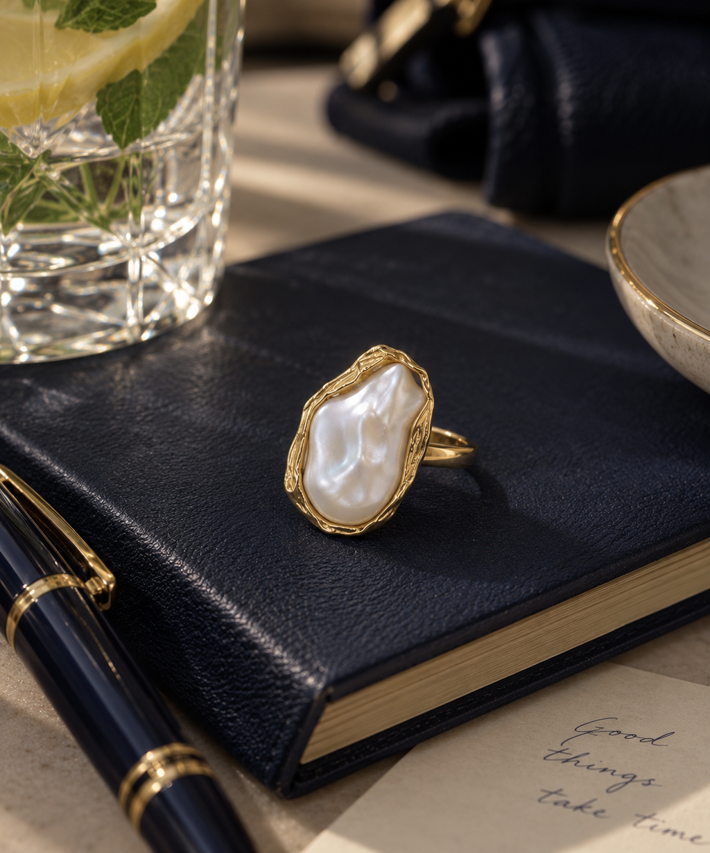 Bague perle baroque or