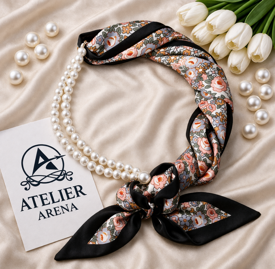 Elegant flower scarf with pearl necklace