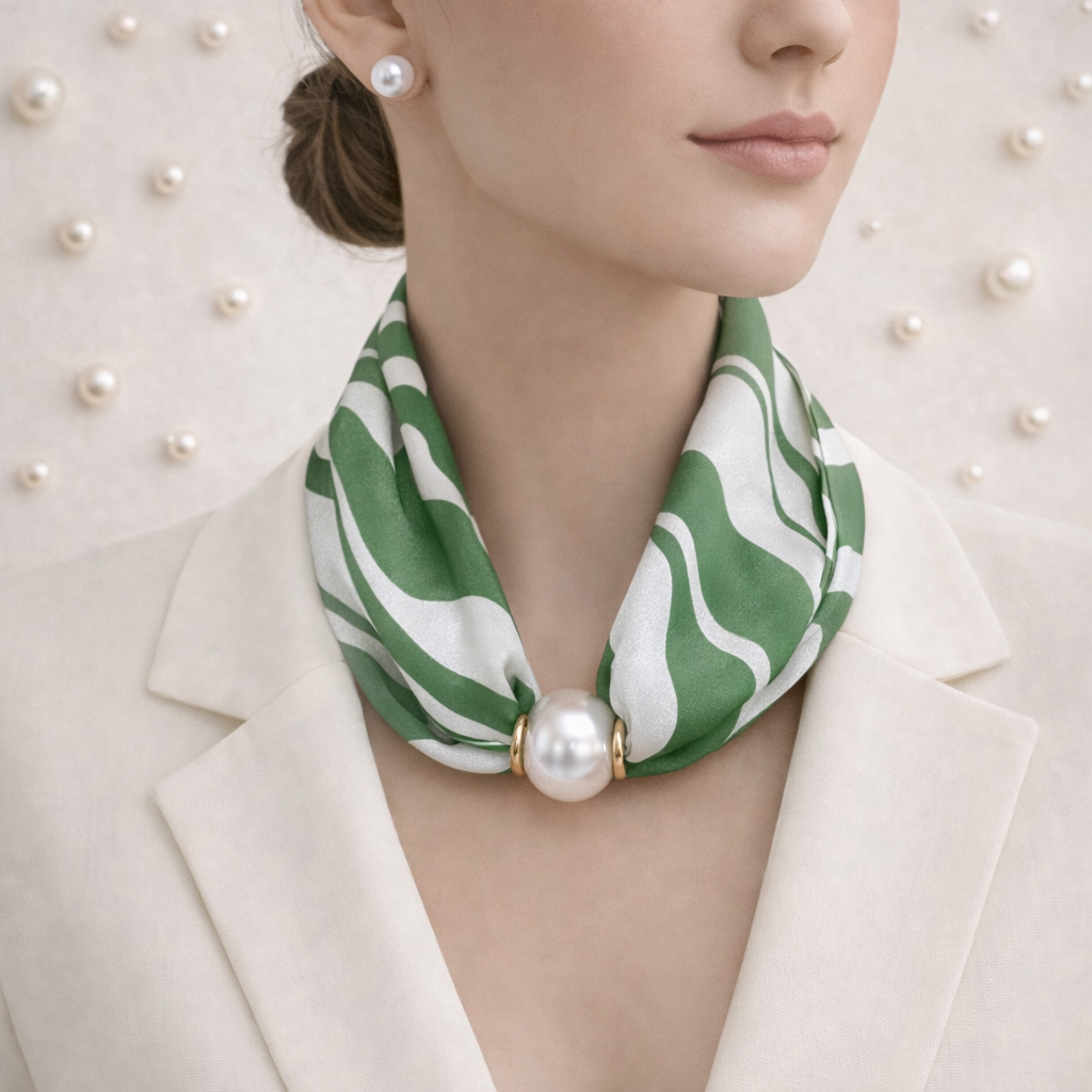 Sjaal met Pareldetail – Groen Wit Patroon