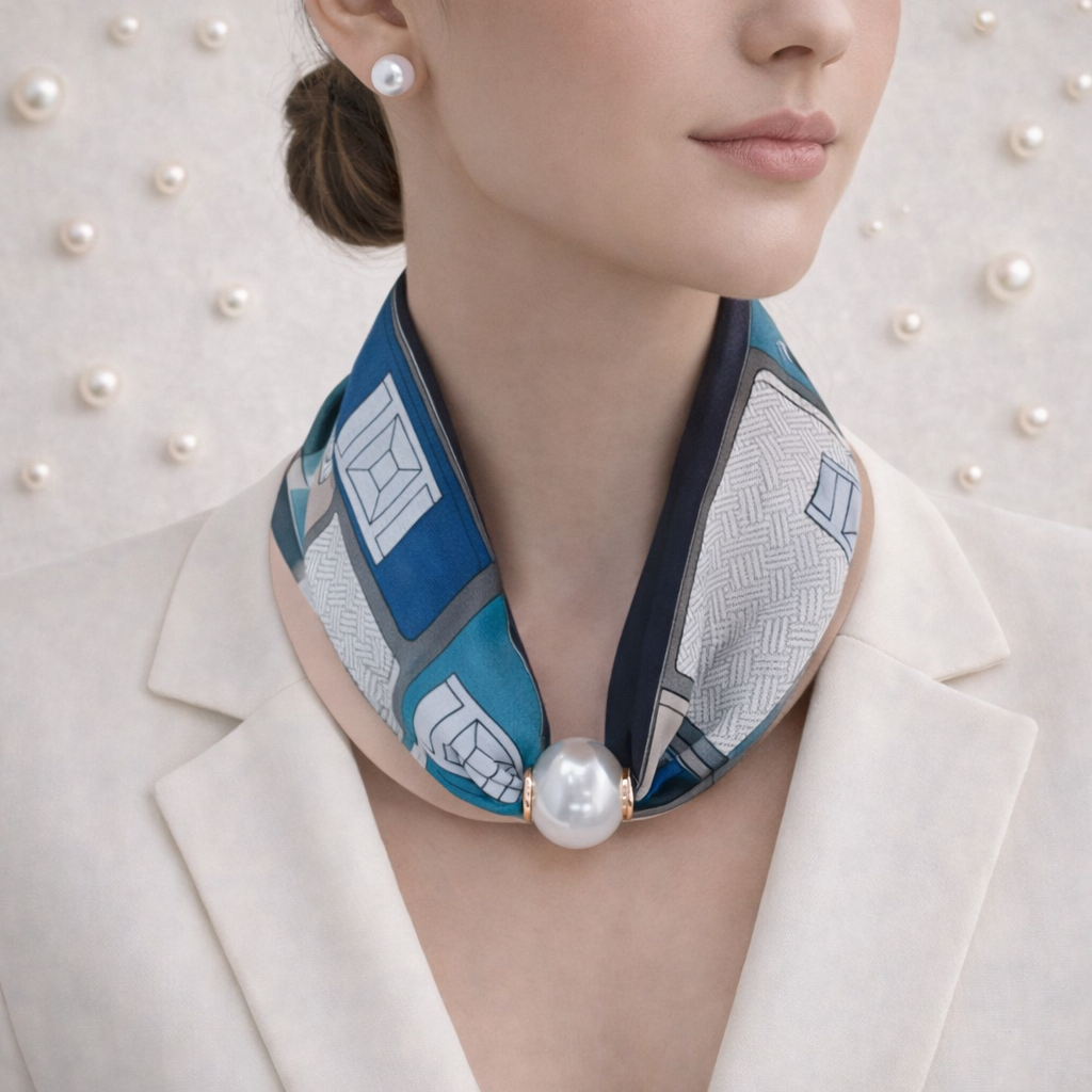 Sjaal met Pareldetail – Blauw Grijs Patroon
