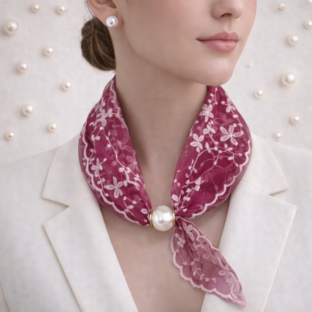 Fuchsia Pink Lace Scarf with Pearl Clasp