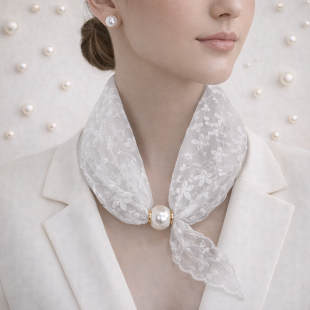 White Lace Pearl Scarf