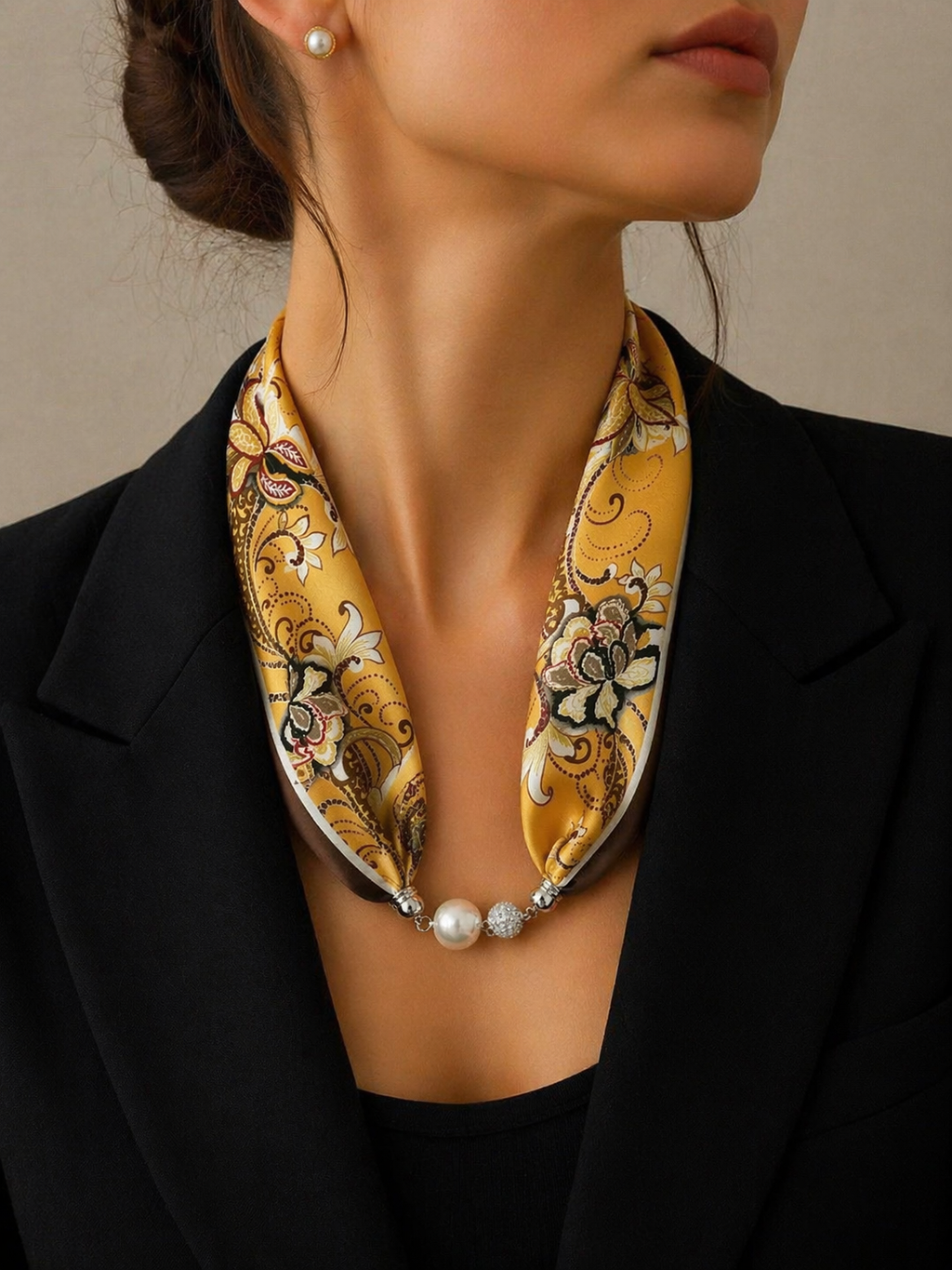 Geel-Bruin Zijden Sjaal met Paisley Patroon en Parelketting