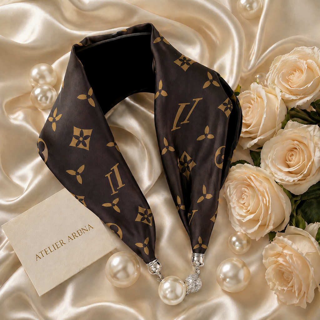 Luxury Scarf with Magnetic Pearl Closure – Monogram Design