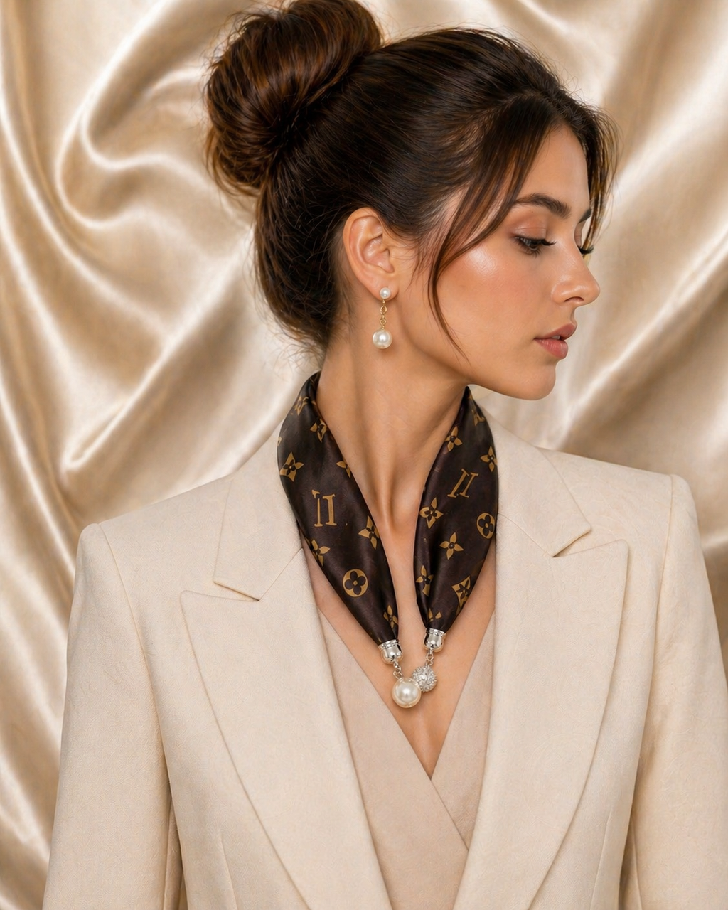 Luxury Scarf with Magnetic Pearl Closure – Monogram Design