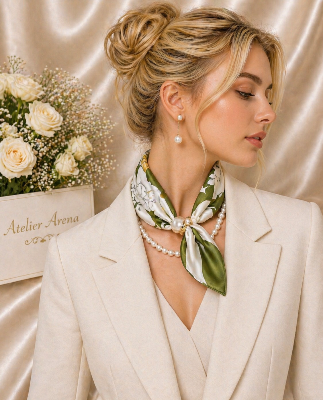 Scarf Bundle with Pearl Necklace - Green-White