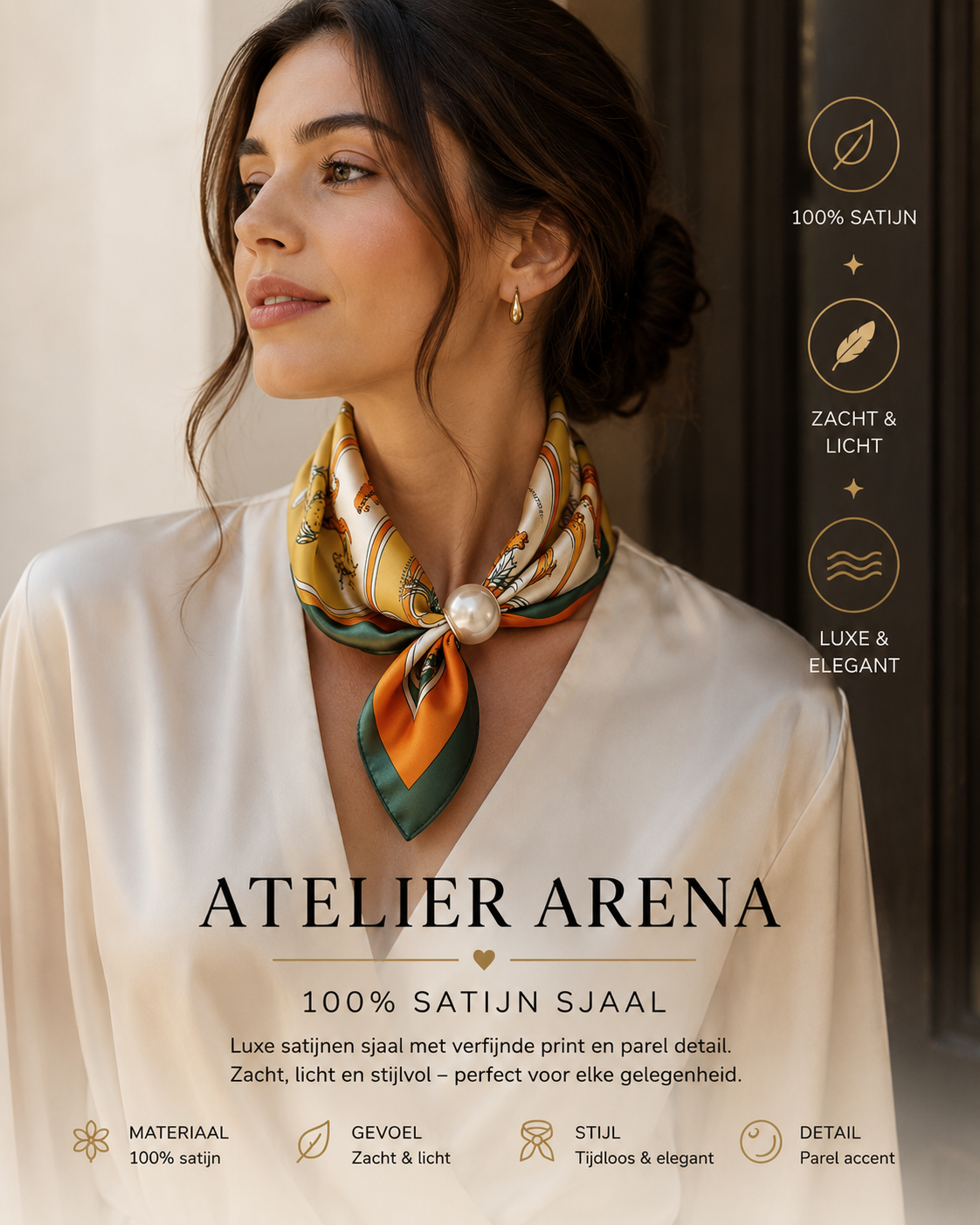 Luxe Satijnen Sjaal met Vintage Print en Parel Detail