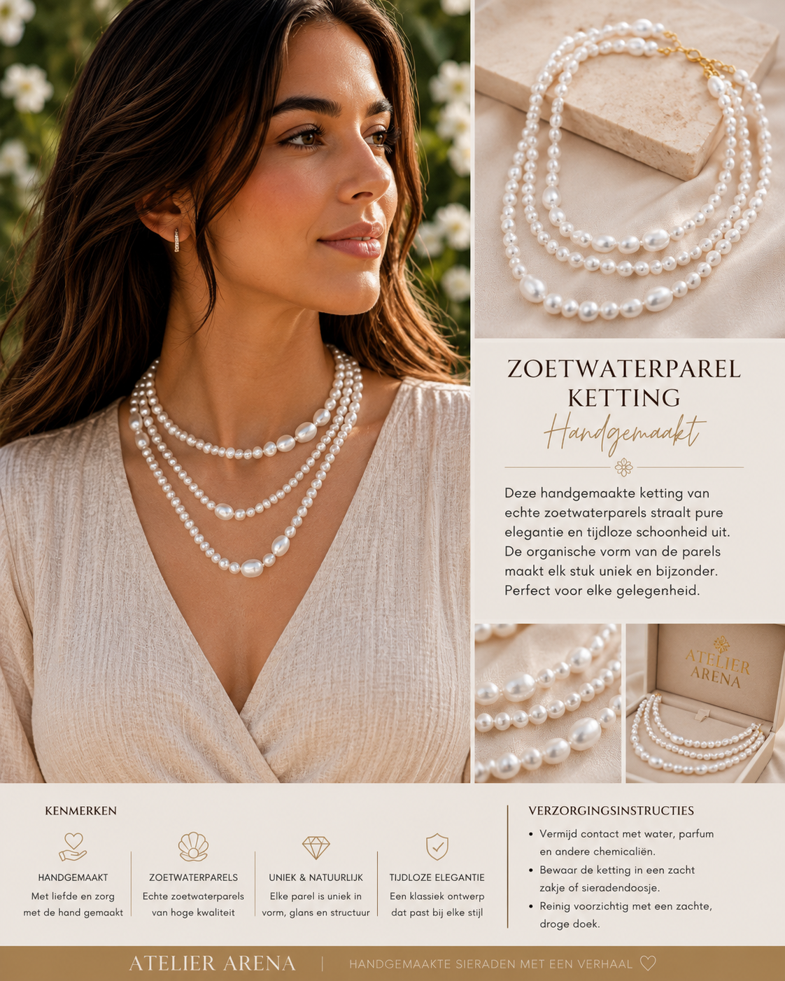 Zoetwaterparel Ketting 120 cm - Drievoudig Gelaagd