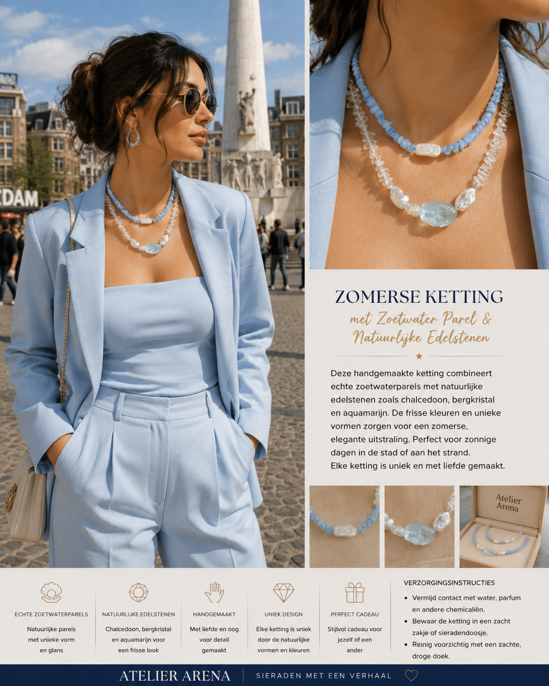 Zoetwaterparel en Aquamarijn Bohemian Ketting Set