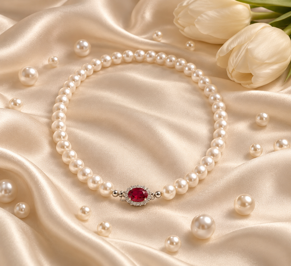Freshwater Pearl Necklace with Red Gemstone
