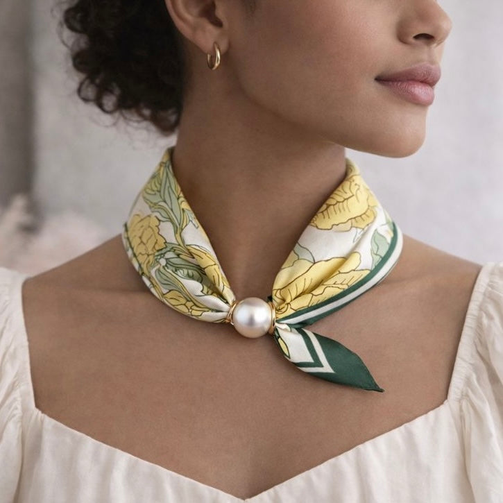 Bloemenprint Sjaaltje met Parel - Geel/Groen