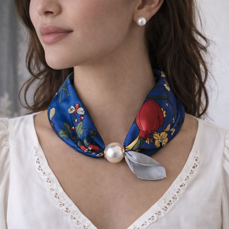 Bloemenprint Sjaaltje met Parel - Kobaltblauw