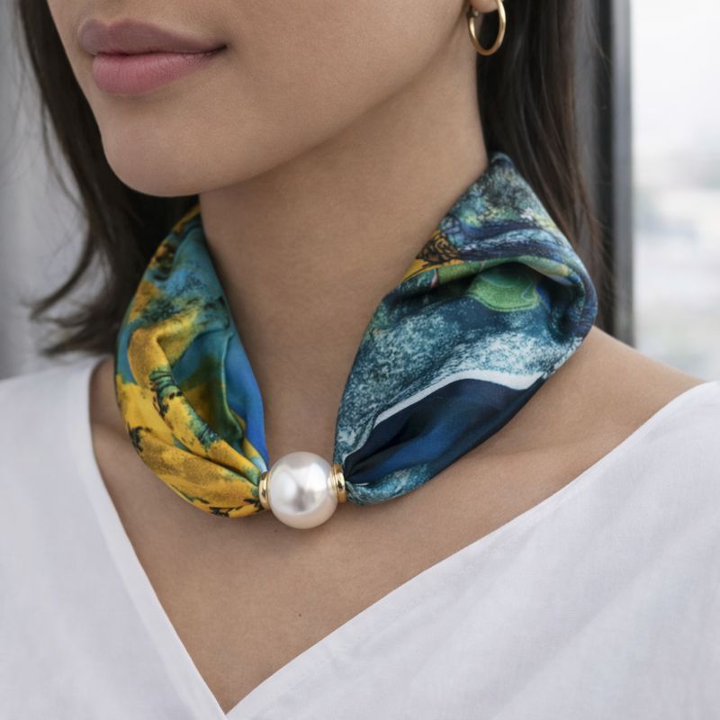 Zijden Sjaaltje Turquoise-Geel met Parel