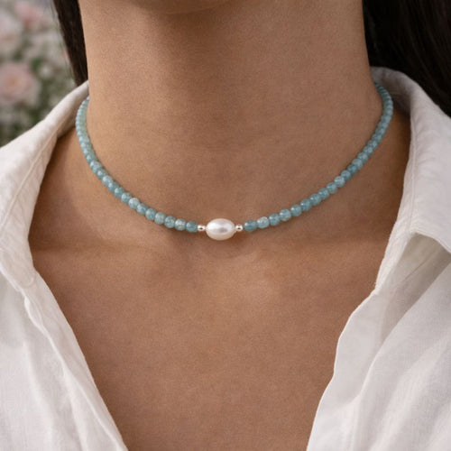 Aquamarijn Ketting met Zoetwaterparel - Verstelbare Choker