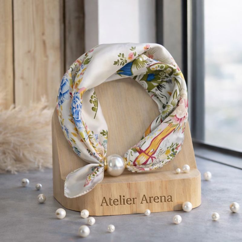 Silk Scarf with Pearl - Floral Print