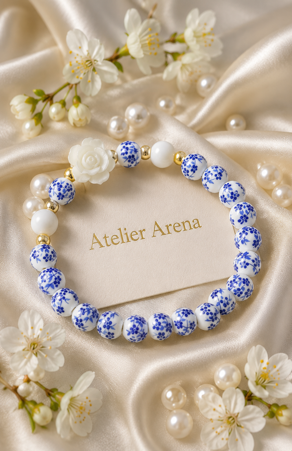 Delfts Blauw Kralen Armband met Witte Bloem